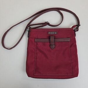 Roots 73 Crossbody Shoulder Bag Red Nylon Polyester Faux Leather Zip Top‎